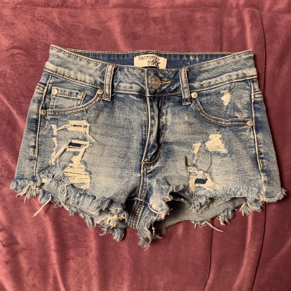 Harmony Havic Ripped Jean Shorts Jorts Medium Wash